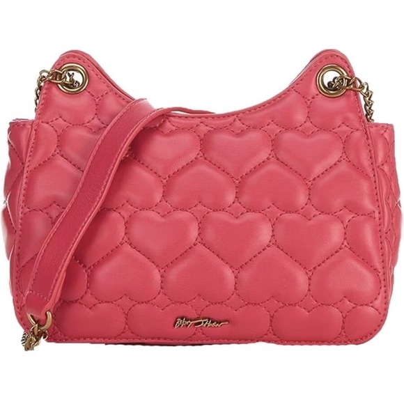 BETSEY JOHNSON Hot Pink Quilted Heart Detail Gold Rhinestone Bow CROSSBODY NEW - Picture 3 of 13